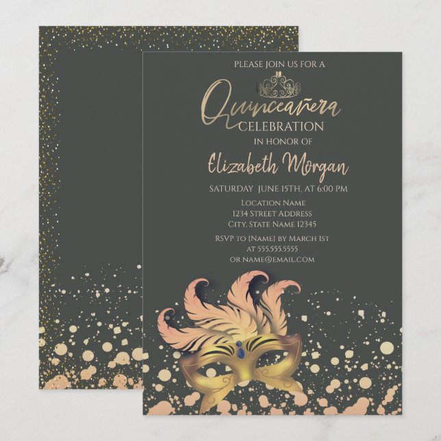 Masque,Confetti Dots Masquerade Quinceañera Invitation (Front/Back)