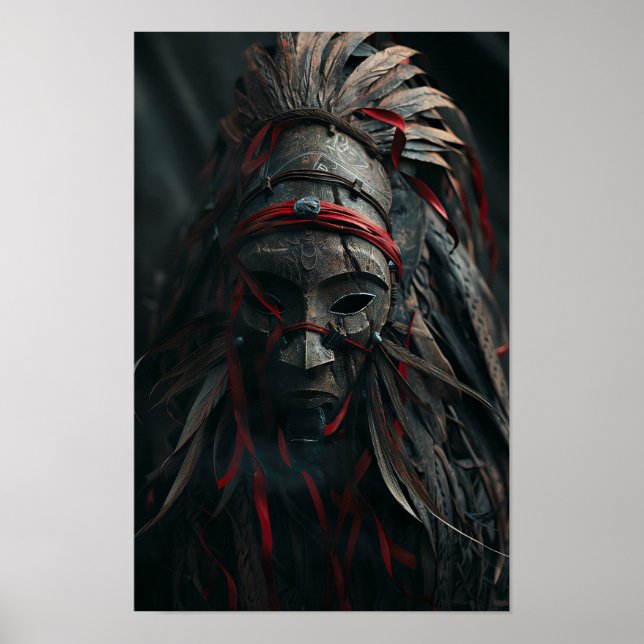 Masque de Shaman Brown avec plumes et affiche roug (Devant)