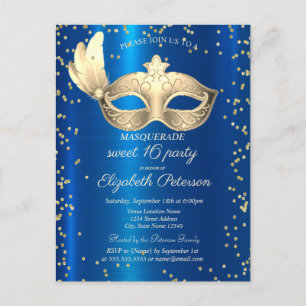  Masque Diamonds Blue Metallic Masquerade  Invitation Postcard