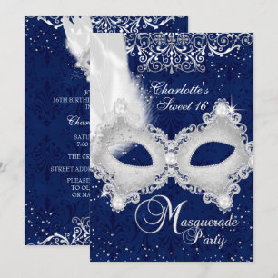 Masque en Damassé Argent Bleu Invitation Mascarade