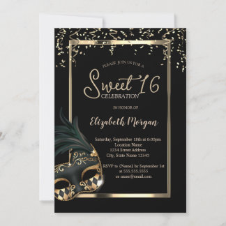 Masque,Frame,Confetti Masquerade Sweet 16 Invitation