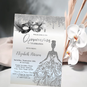  Masque Glitter Dress Drips Silver Quinceanera Invitation