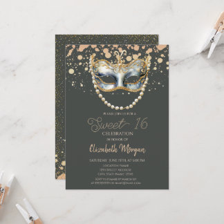 Masque Pearls,Confetti Masquerade Sweet 16 Invitation