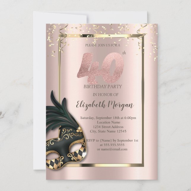 Masque Rose Gold 40th Birthday Invitation (Devant)