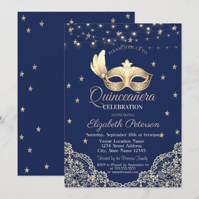 Masque,String Lights,Lace,Stars Quinceañera Invitation (Front/Back)