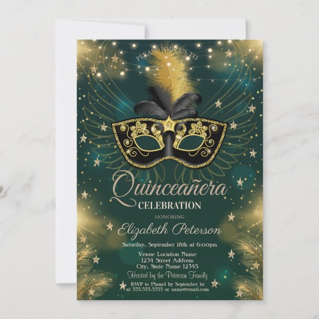 Masque,String Lights,Stars Green Quinceañera  Invitation (Front)