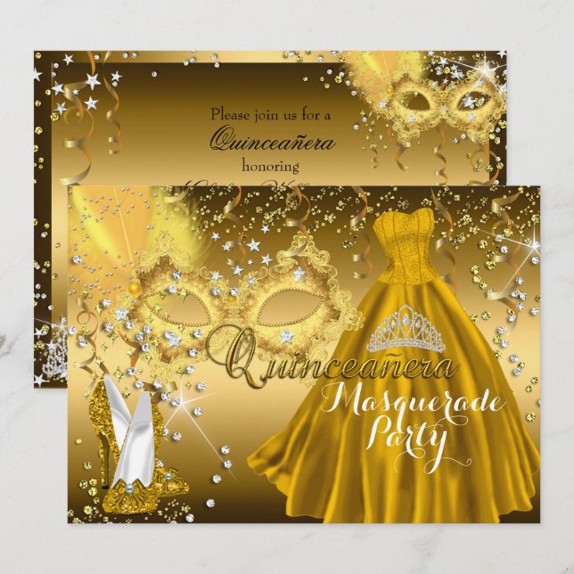 Masque & Tiara Masquerade Quinceanera Invitation o (Devant / Derrière)