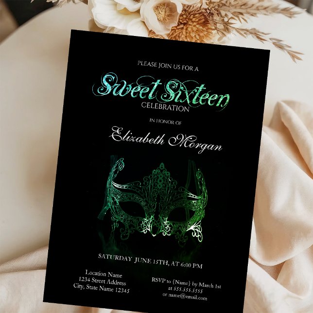 Masque Vert Simple Black Sweet 16 Invitation (Créateur téléchargé)