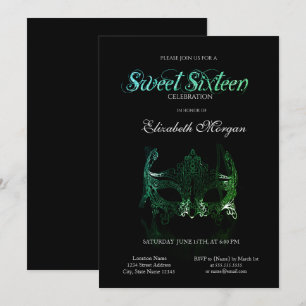 Masque Vert Simple Black Sweet 16 Invitation