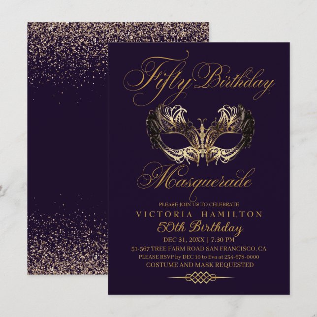 Masquerade 50e anniversaire Purple Gold Invitation (Devant / Derrière)