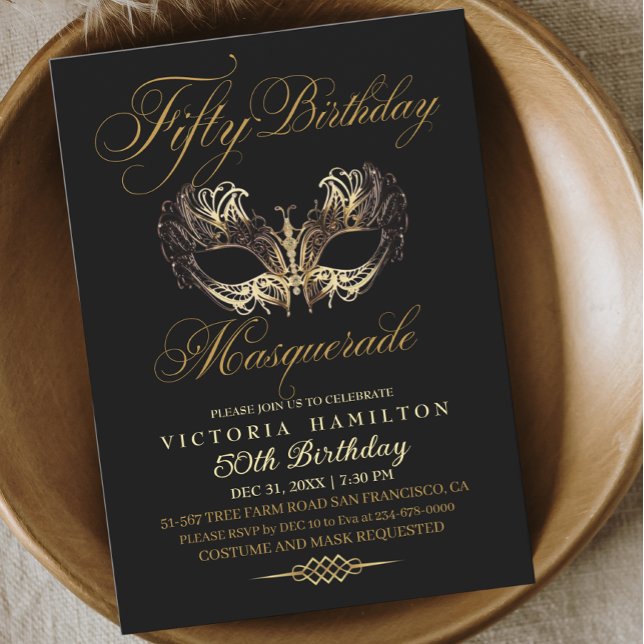 Masquerade 50th Birthday Black Gold Mask Invitation (Creator Uploaded)