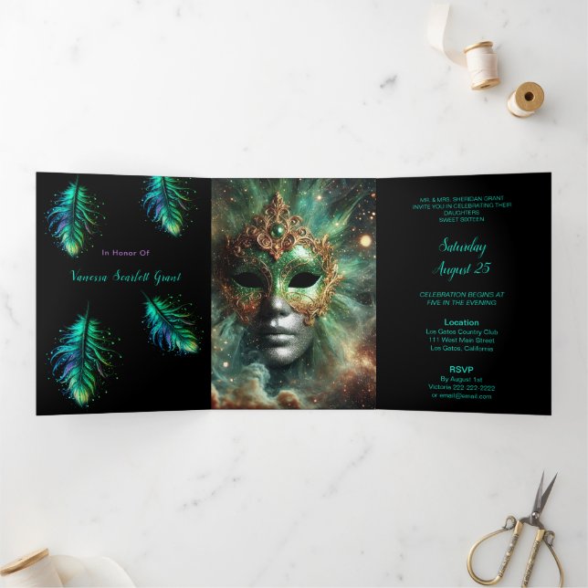 Masquerade and Feathers Sweet 16 Party Invitation (Inside)