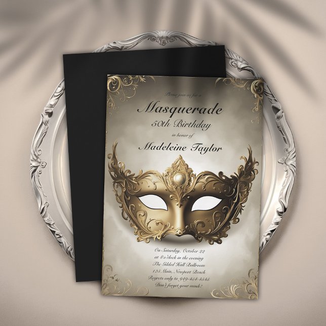 Masquerade Antique Gold Venice Mask 50th Birthday Invitation (masquerade 50th birthday party invitation glamorous antique gold venetian mask elegant modern classy)