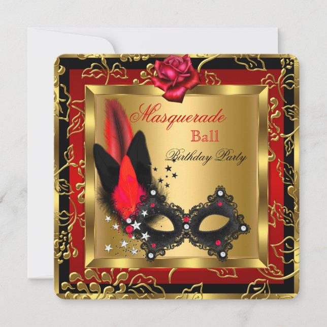 Masquerade Ball Gold Red Black Mask Rose Invitation (Front)