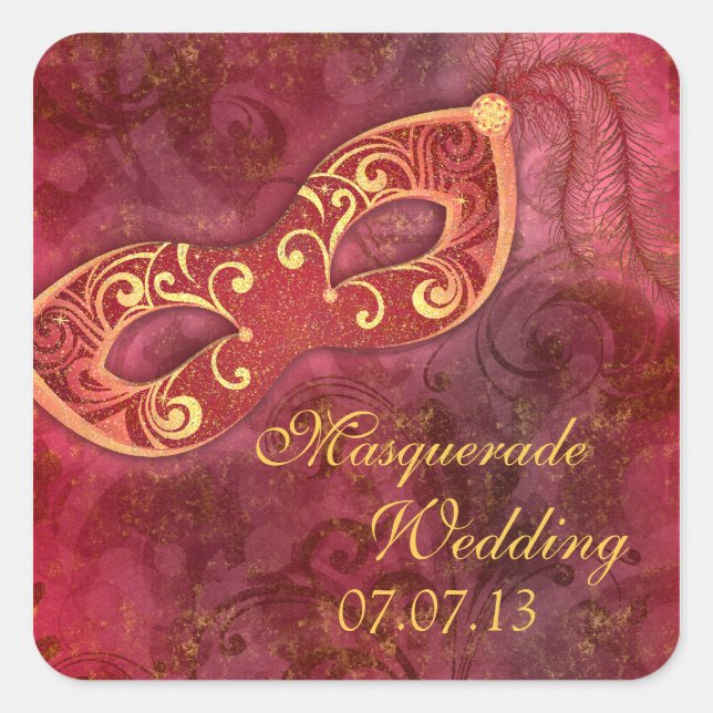 Masquerade Ball Mardi Gras Burgundy Wedding Square Sticker (Front)