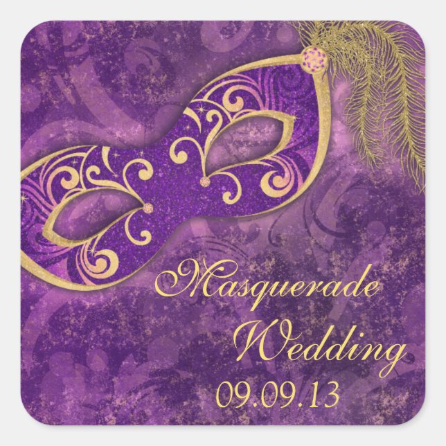 Masquerade Ball Mardi Gras Wedding Purple Square Sticker (Front)