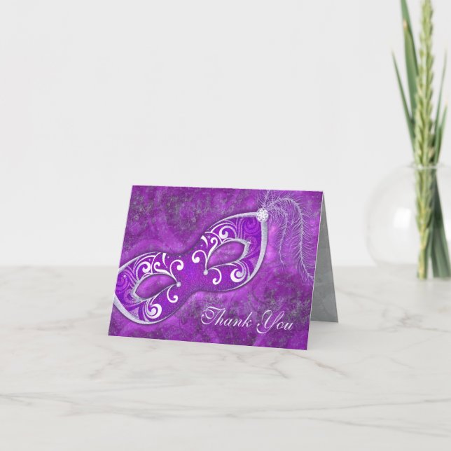 Masquerade Ball Mask Purple Wedding Thank You (Front)