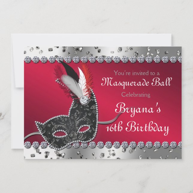 Masquerade Ball Party Argent et Red Invitation (Devant)