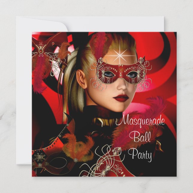 Masquerade Ball Party Mask Black Red Girl 3 Invitation (Front)
