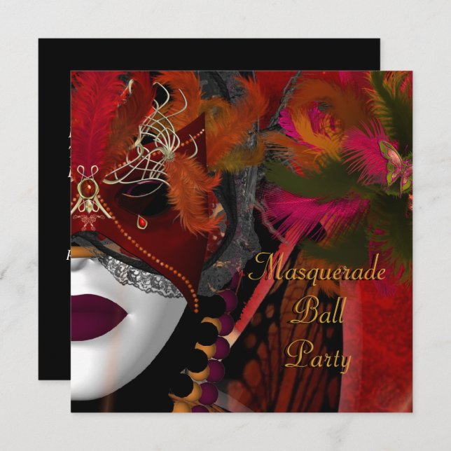 Masquerade Ball Party Mask Black Red Invitation (Front/Back)