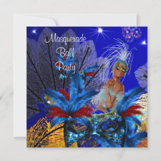 Masquerade Ball Party Mask Blue Yellow ShowGirl Invitation