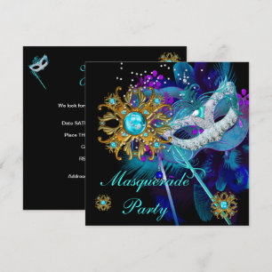 Masquerade Ball Party Teal Blue Black Masks Invitation
