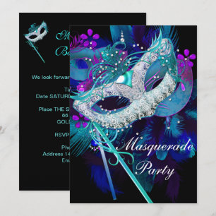 Masquerade Ball Party Teal Blue Black Masks Sml Invitation