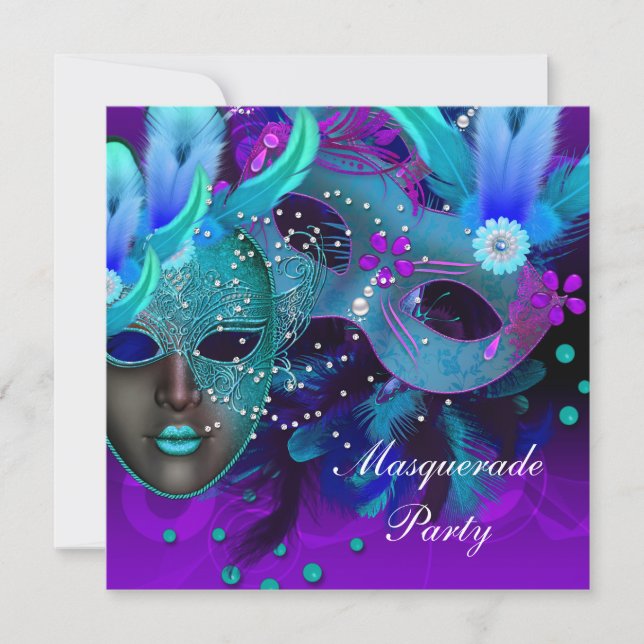 Masquerade Ball Party Teal Blue Purple Masks 3 Invitation (Front)