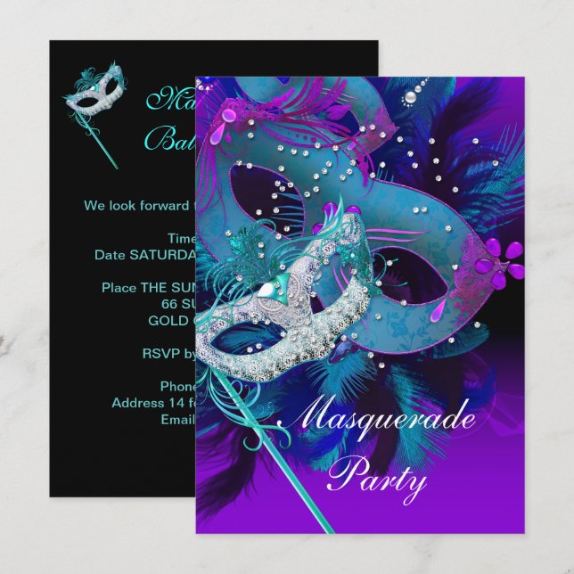 Masquerade Ball Party Teal Blue Purple Masks Invitation (Front/Back)