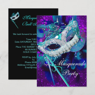 Masquerade Ball Party Teal Blue Purple Masks SML Invitation