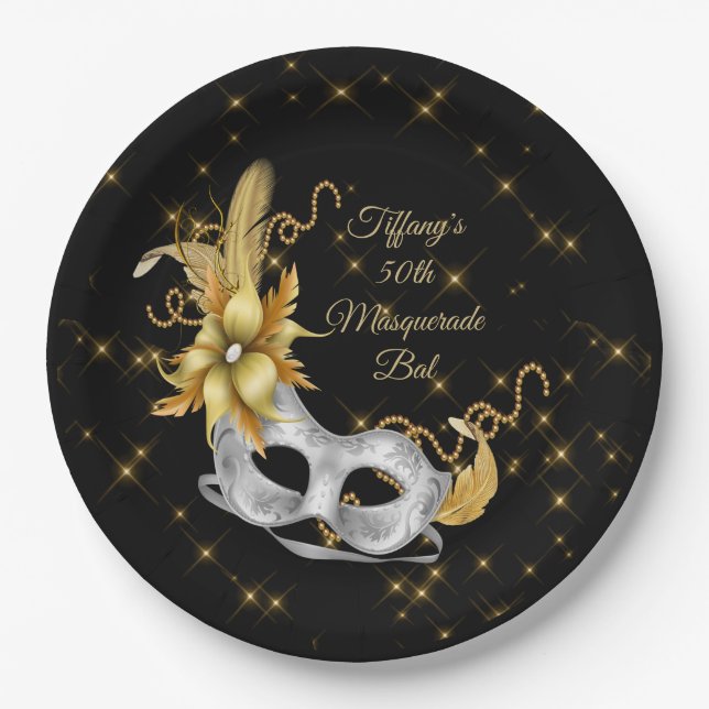 Masquerade Ball Plate, Black Gold Silver Paper Plate (Front)