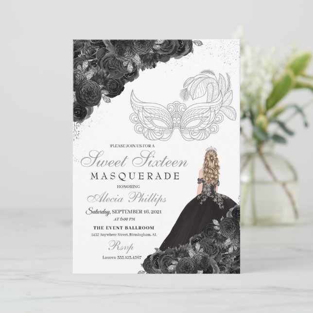 Masquerade Ball Sweet Sixteen Black & Silver Invitation (Standing Front)