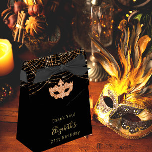 Masquerade birthday black glitter gold thank you favor box