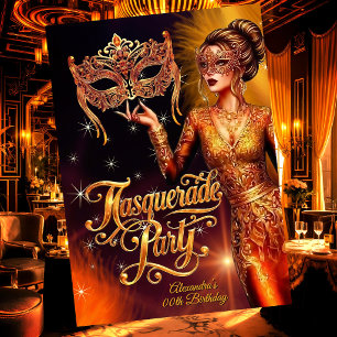 Masquerade Birthday Gold Orange Stunning Dress Invitation