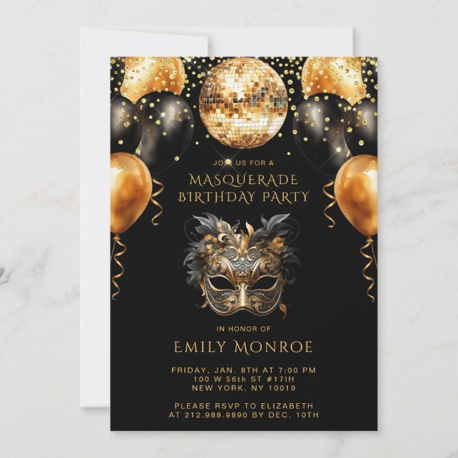 Masquerade Birthday Party Black Gold Glitter Invitation (Front)