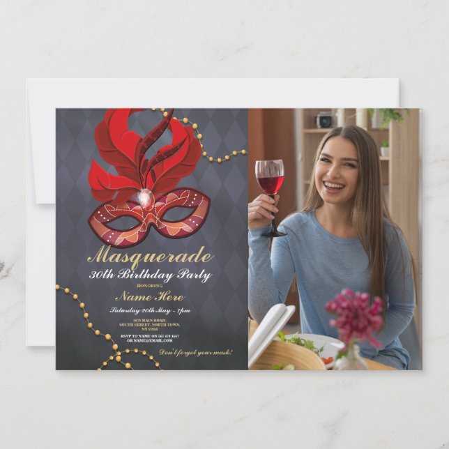 Masquerade Birthday Party Gold Red Mask Photo Invitation (Front)