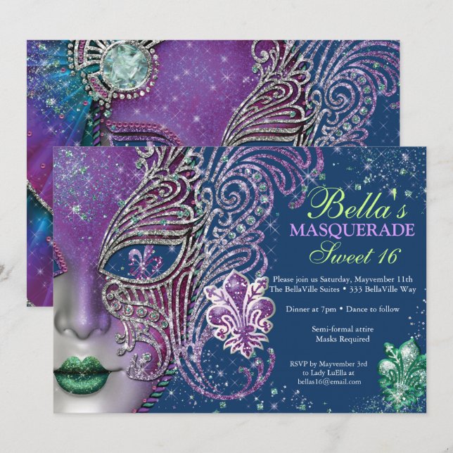 Masquerade Birthday Party Invitations (Front/Back)