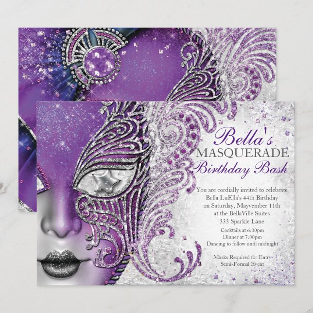 Masquerade Birthday Party Invitations (Front/Back)
