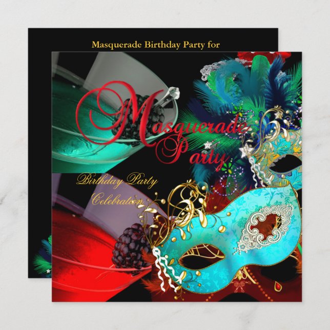 Masquerade Birthday Party Red Teal Gold Masks Invitation (Front/Back)