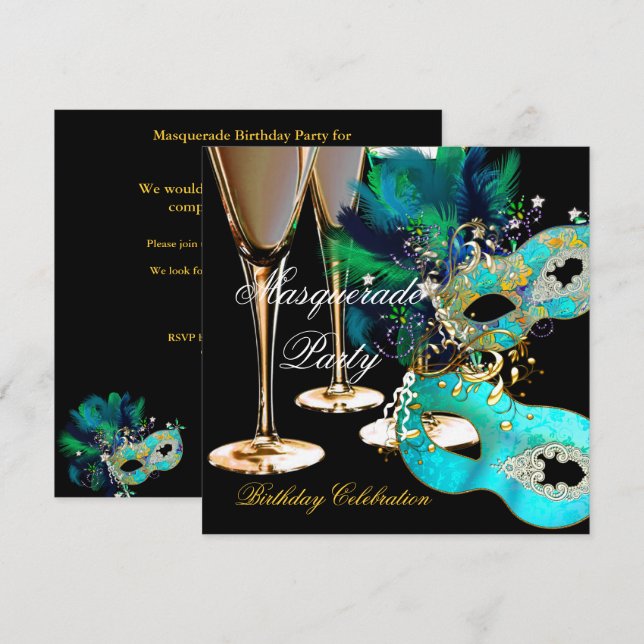 Masquerade Birthday Party Teal Blue Gold Masks Invitation (Front/Back)