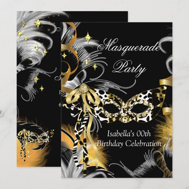 Masquerade Birthday Party Wild Mask Black Gold Invitation (Front/Back)