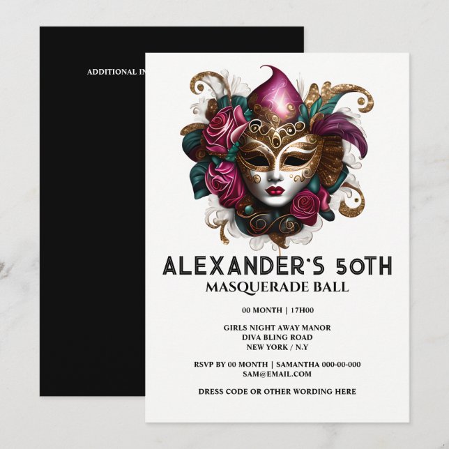 Masquerade birthday Venetian face mask floral glam Invitation (Front/Back)
