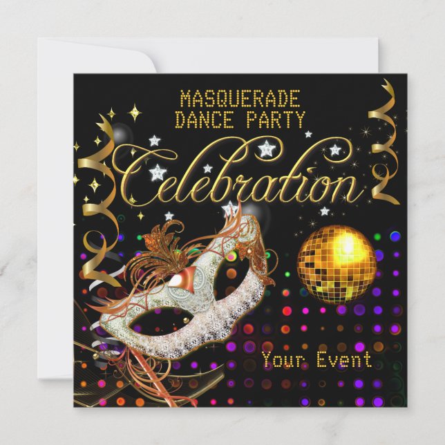 MASQUERADE Black Gold Dance Party Disco Ball Invitation (Front)