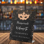 Masquerade black gold glitter dust birthday party pedestal sign<br><div class="desc">A welcome sign for a girly and glamourous 50t (or any age) birthday party. A stylish black background. Decorated with faux gold glitter sparkles and a masquerade mask.  Personalize and add a name.
Back: no design</div>