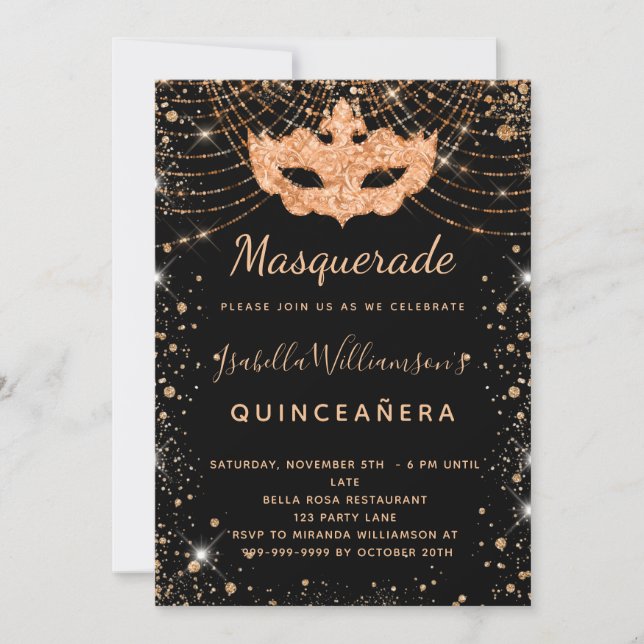 Masquerade black gold glitter dust Quinceanera Invitation (Front)