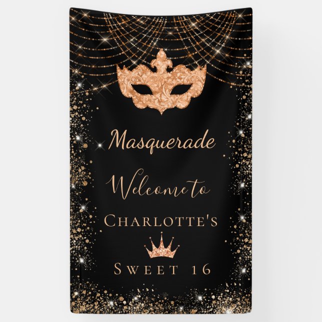 Masquerade black gold glitter dust Sweet 16 Banner (Vertical)