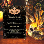 Masquerade black gold glitter dust Sweet 16 Invitation<br><div class="desc">For an elegant Masquerade,  Sweet 16,  16th birthday.  A stylish black background. Decorated with faux gold glitter dust and a masquerade mask.  Personalize and add a name,  age and party details. The name is written with a hand lettered style script</div>