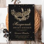 Masquerade black gold glitter mask Sweet 16 Invitation<br><div class="desc">A modern,  chic and glamourous sweet sixteen with a hand drawn gold glitter masquerade mask with gold glitter diamond sparkles on an editable black background with gold glitter at the back.</div>