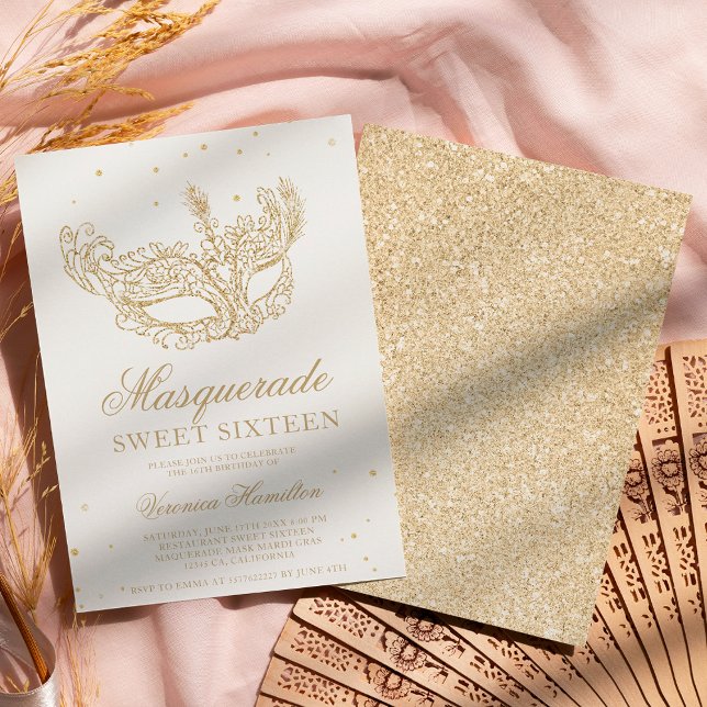 Masquerade black gold glitter mask Sweet 16 Invitation (Creator Uploaded)