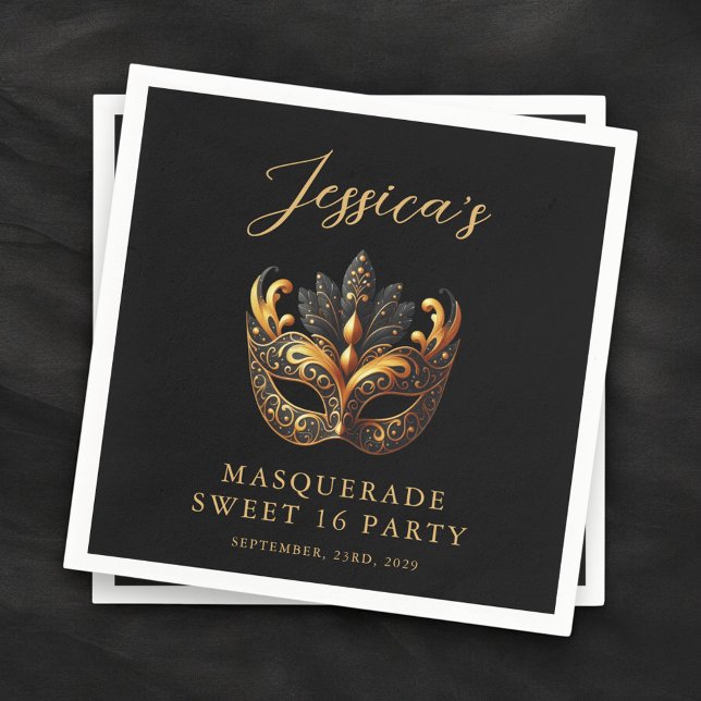 Masquerade Black Gold Sweet 16 Birthday Party Napkin (Creator Uploaded)